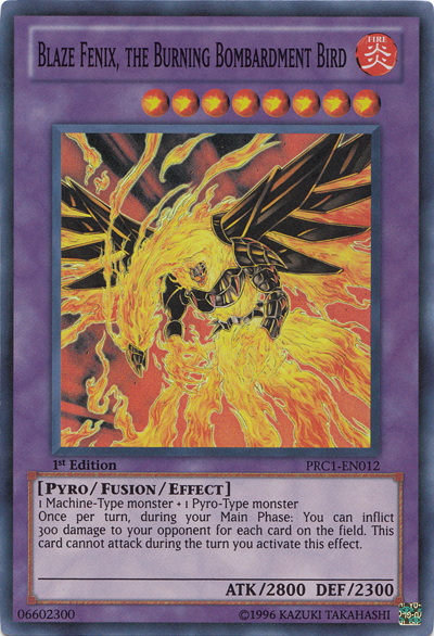 Blaze Fenix, the Burning Bombardment Bird [PRC1-EN012] Super Rare - PCA Designer Toys