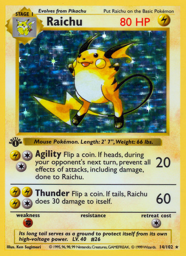 Raichu (14/102) (Shadowless) [Base Set 1st Edition] - PCA Designer Toys